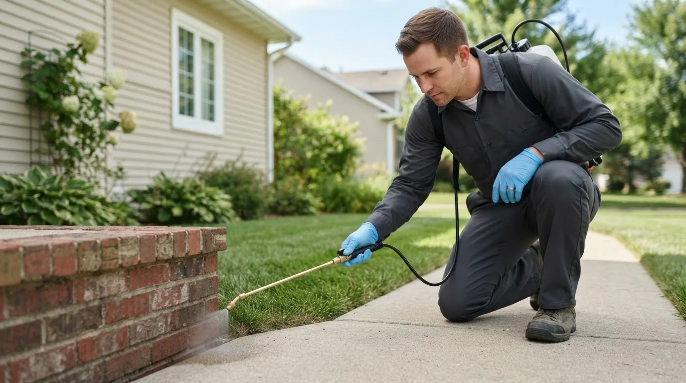 Pest control technician treating a home near Rumford, ME